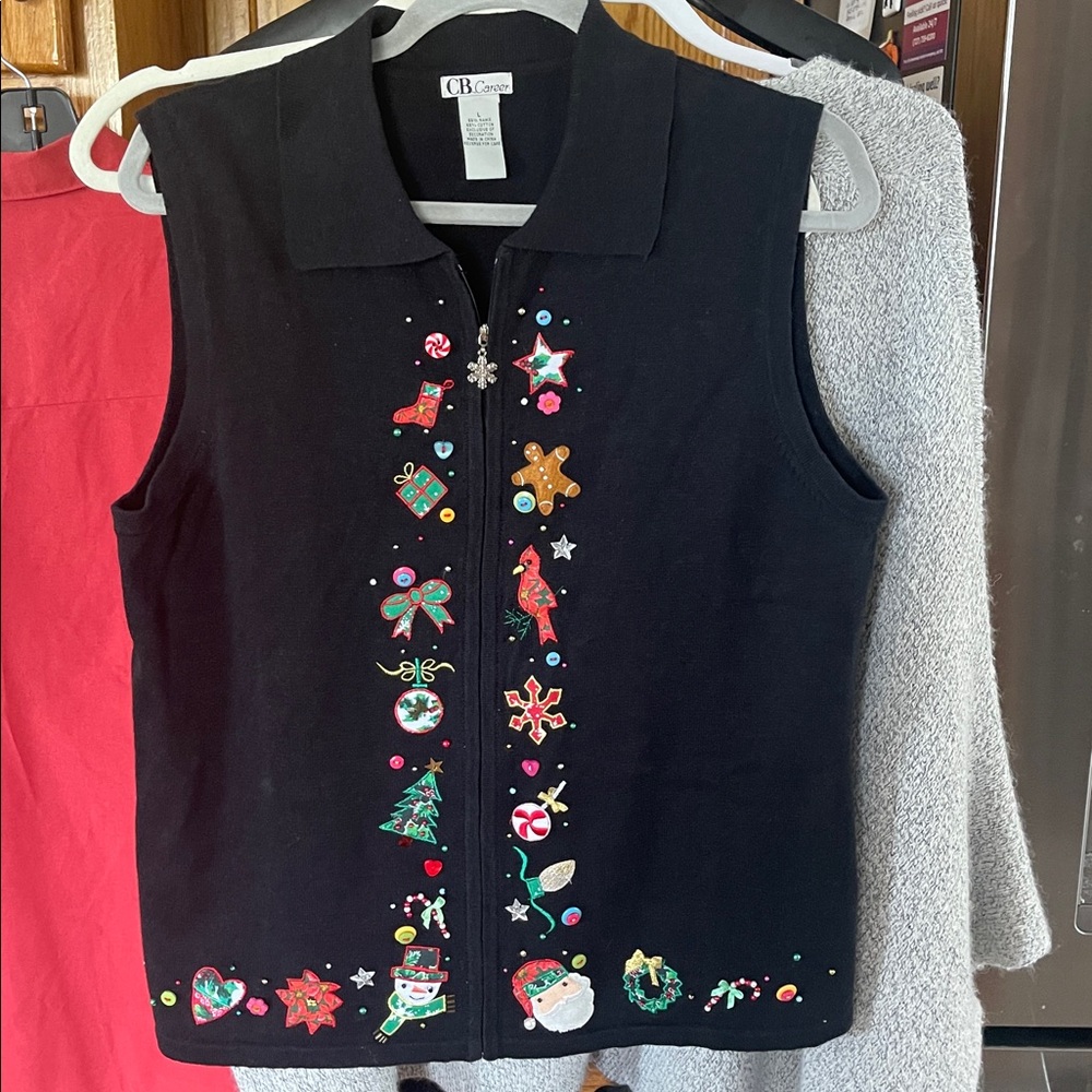 CB Career Embellished Holiday Sweater Vest Black Large Zippy